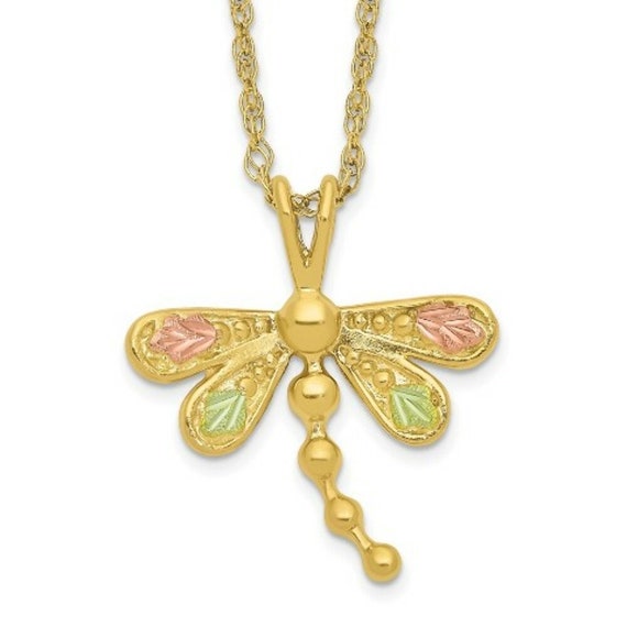 Black Hills Gold Dragonfly Necklace 10k Tri color Gold Length 18