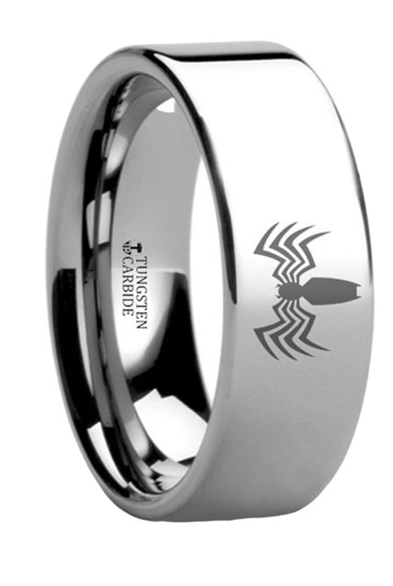 Spider on Silver or Black Tungsten Wedding Band Ring Spiderman