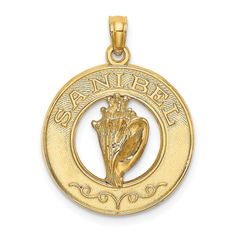 14K Yellow Gold Sanibel On Round Frame With Conch Shell Charm Pendant
