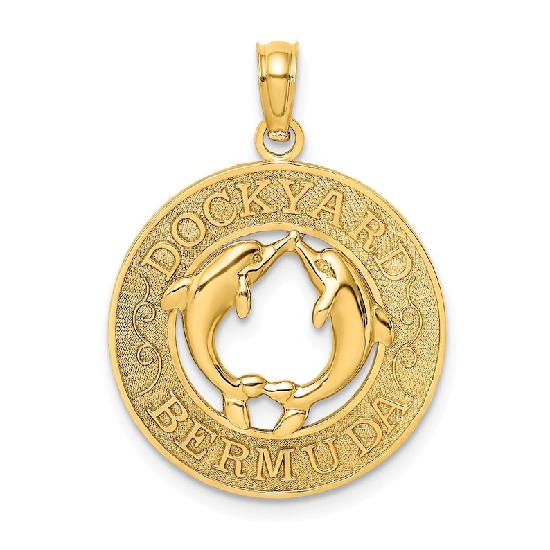 14K Yellow Gold DOCKYARD BERMUDA Round Frame With Dolphins Charm Pendant