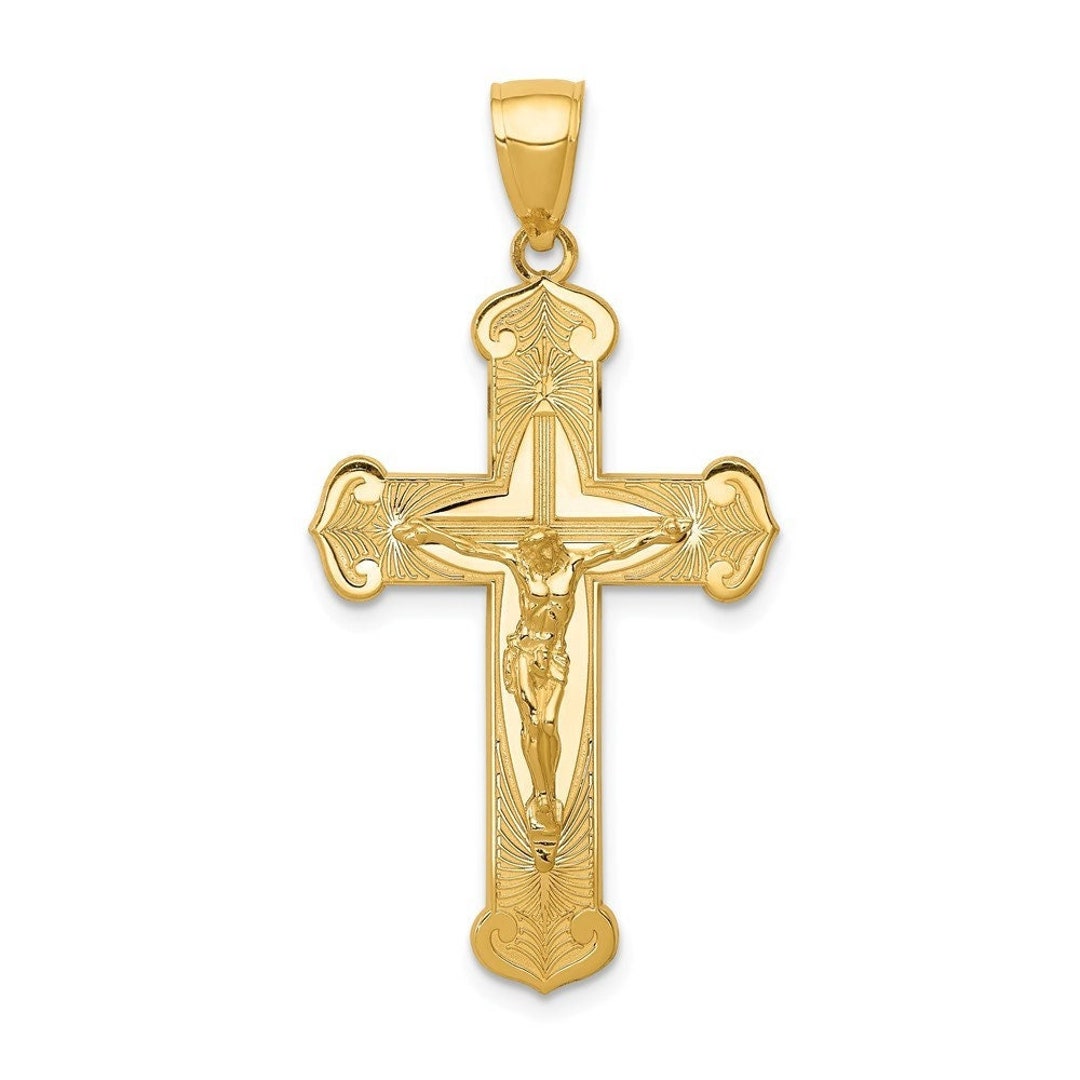 14K Yellow Gold Polished 2-D Crucifix With Jesus on Engraved - Etsy