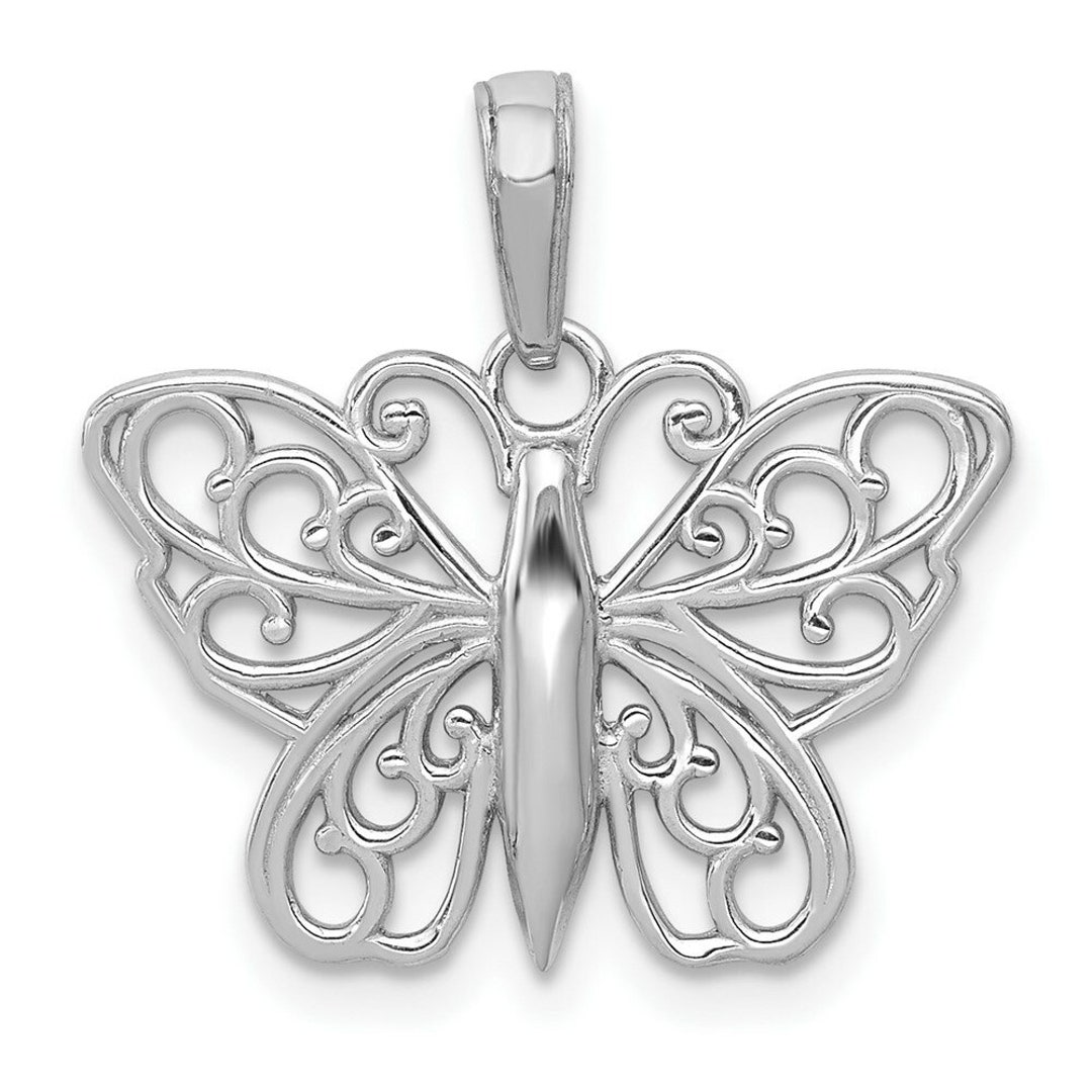 14K White Gold Filigree Butterfly Charm Pendant - Etsy