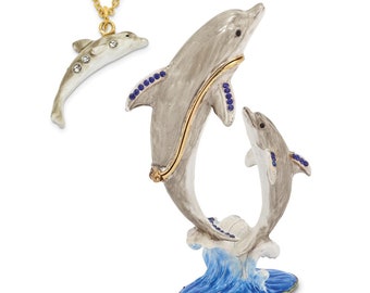 Graceful Dolphin Glitter Silver Tone 4 x 2 Jeweled Metal Decorative Trinket Box 