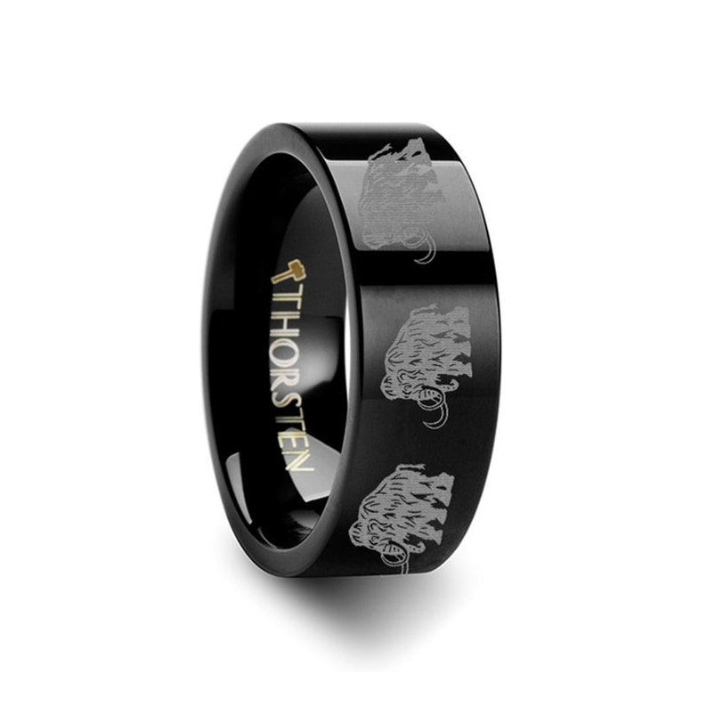 Dinosaur Mammoth Ring Prehistoric Paleo Print Black Tungsten Wedding Band Ring FREE Inside Band Engraving 4mm to 12mm Widths