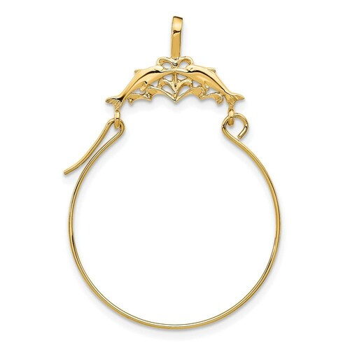 14K Yellow Gold Double Dolphins Charm Holder Pendant shops