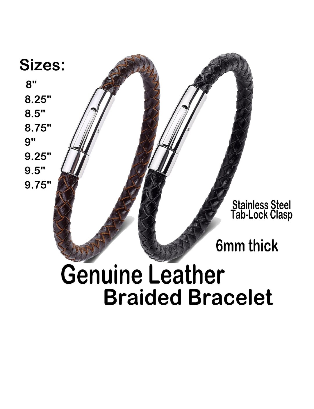 Braided Woven Leather Bracelets in Black or Brown, 6mm Thick, Stainless
