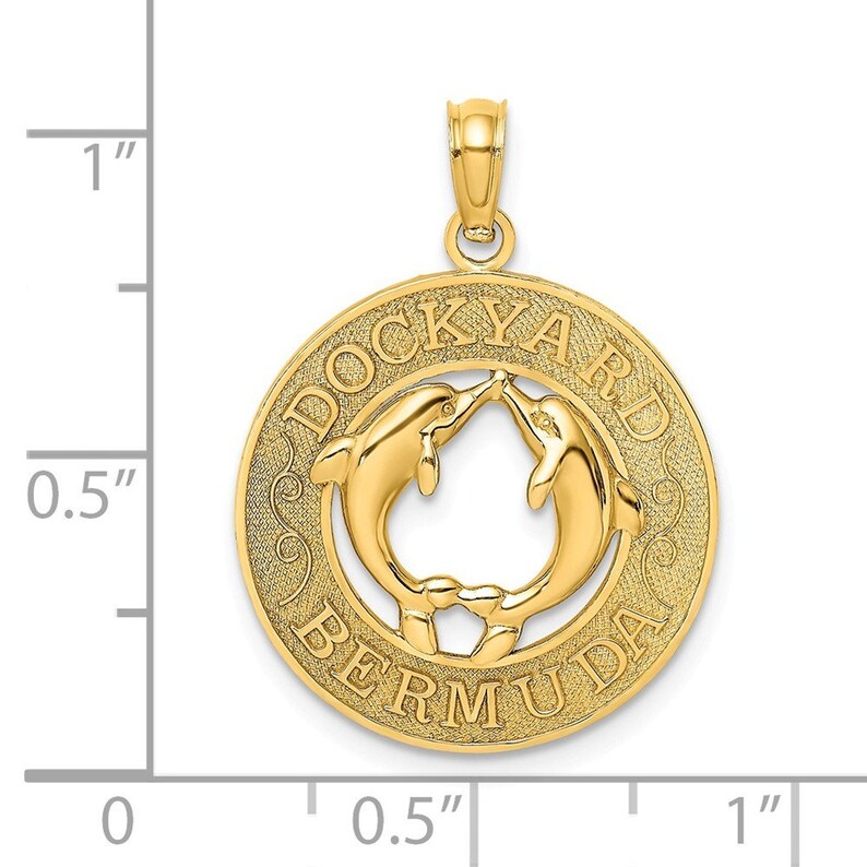 14K Yellow Gold DOCKYARD BERMUDA Round Frame With Dolphins Charm Pendant