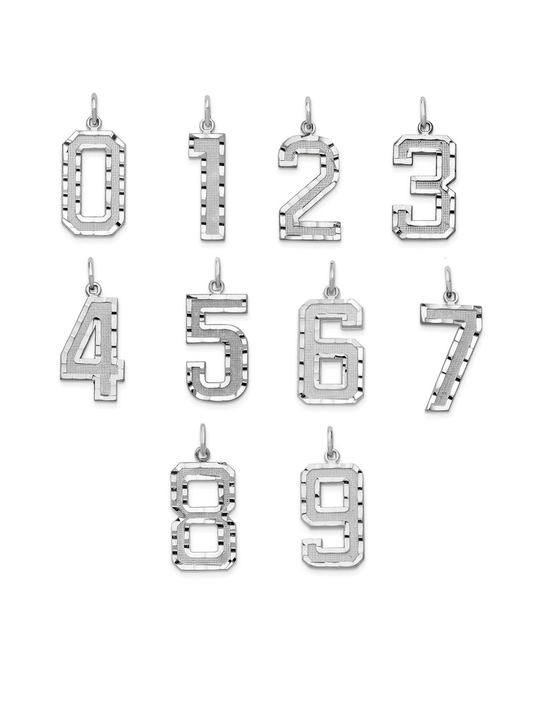 14K Gold Numbers Single or Double Digit Number Charm or Pendant Yellow or White Gold about 34 tall Diamond Cut