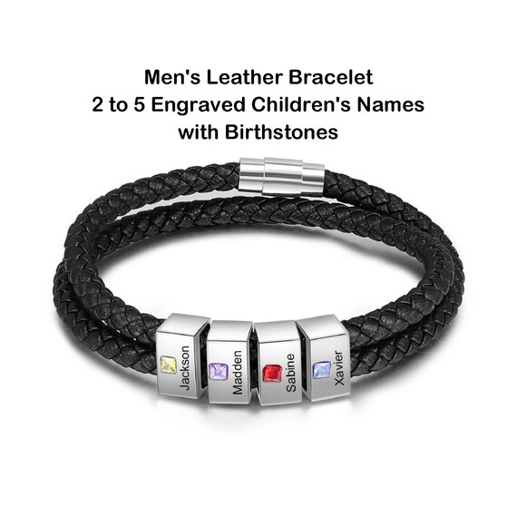 Mens Leather Family Child's Name Bracelet With Birthstones Etsy