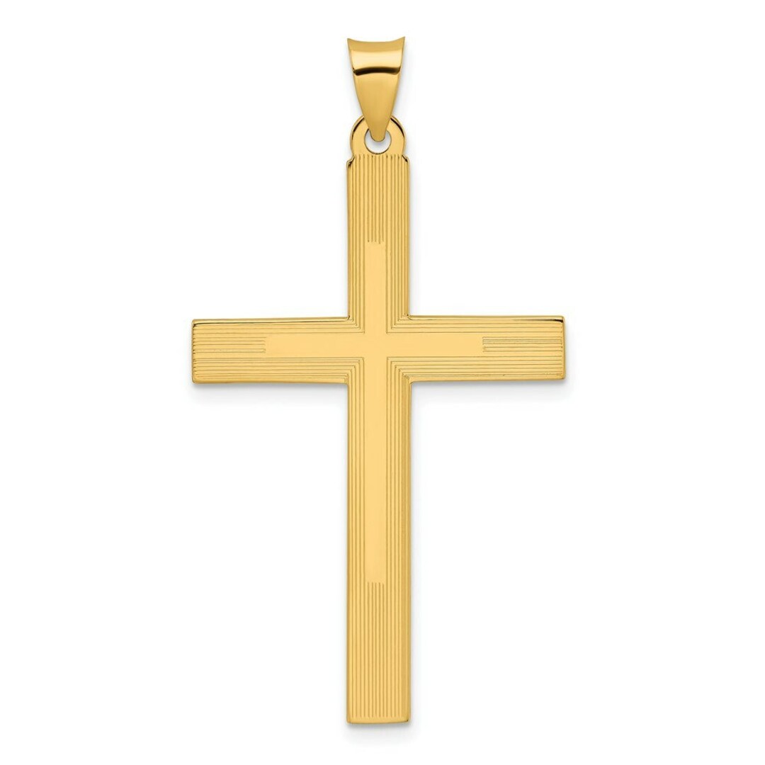 14k Yellow Gold Polished and Line Design Solid Cross Pendant - Etsy