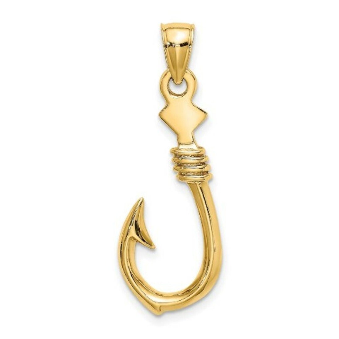 14K Yellow Gold 3D Large Fish Hook With Rope Charm Pendant Etsy