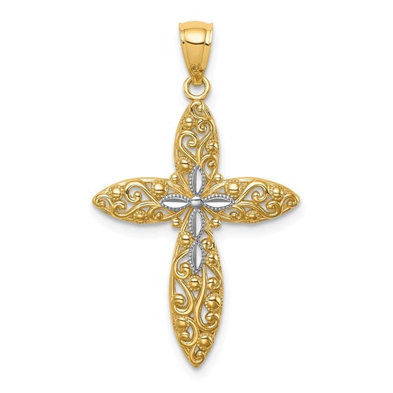 14K Yellow Gold With White Rhodium Diamond-cut Passion Cross