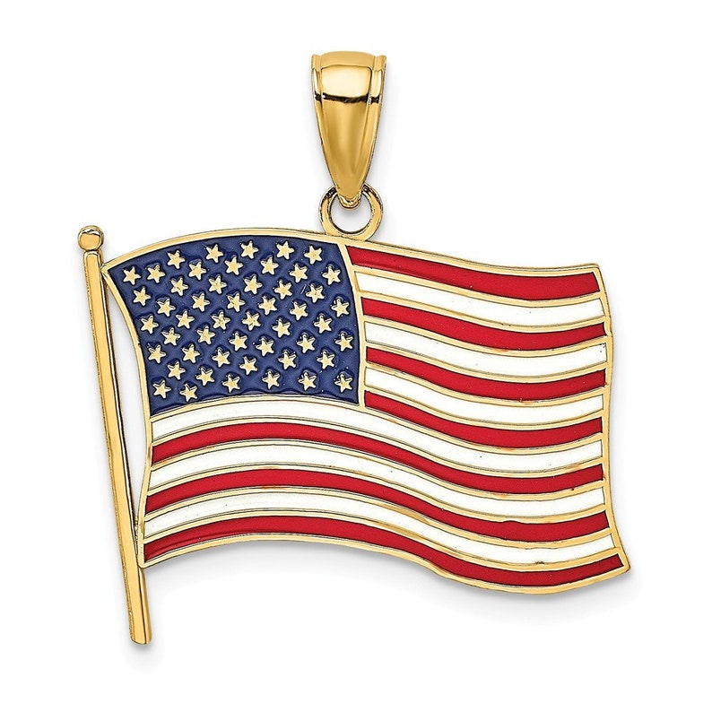 14K Yellow Gold With Enamel American Flag Charm Pendant
