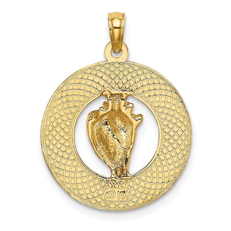 14K Yellow Gold Sanibel On Round Frame With Conch Shell Charm Pendant