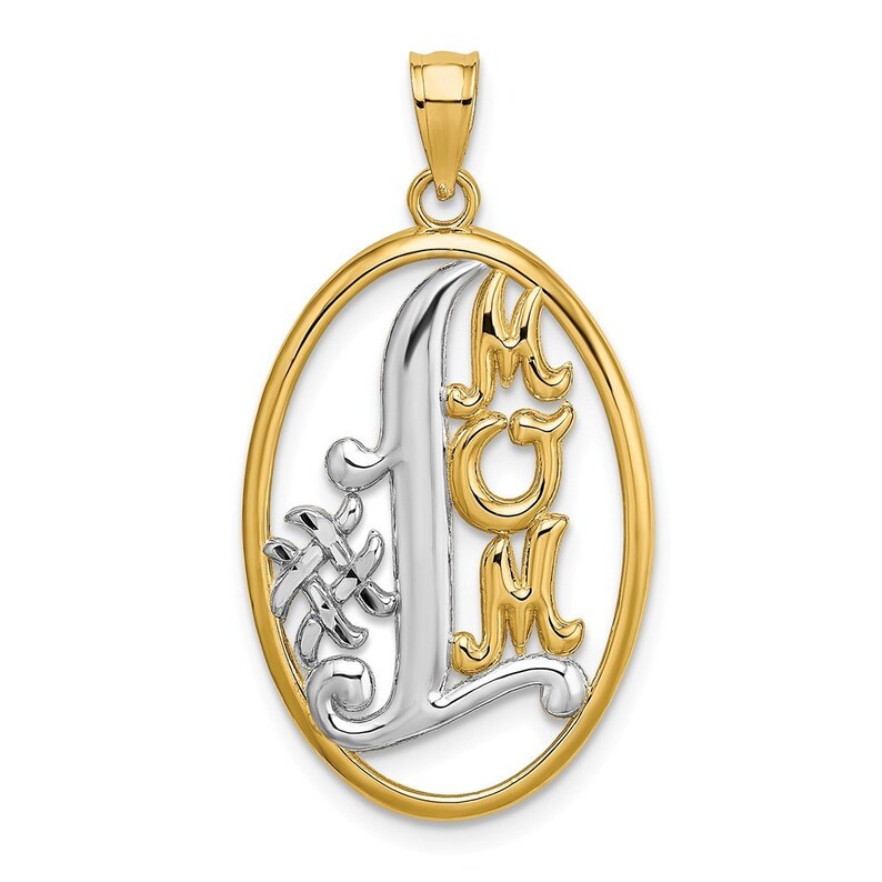 14K Yellow Gold with White Rhodium #1 MOM In Oval Frame Charm Pendant