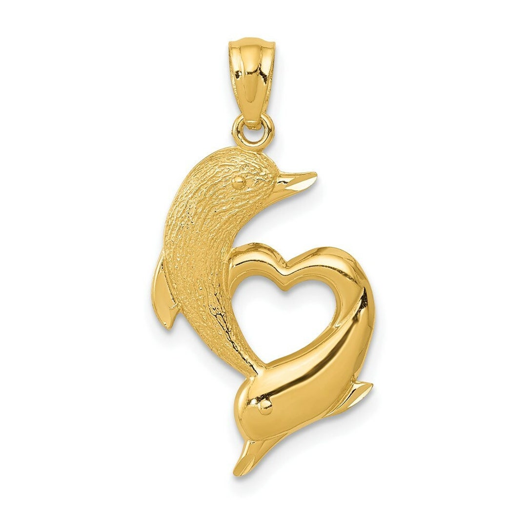 14K Yellow Gold Diamondcut Satin & Polished Dolphins Heart Etsy