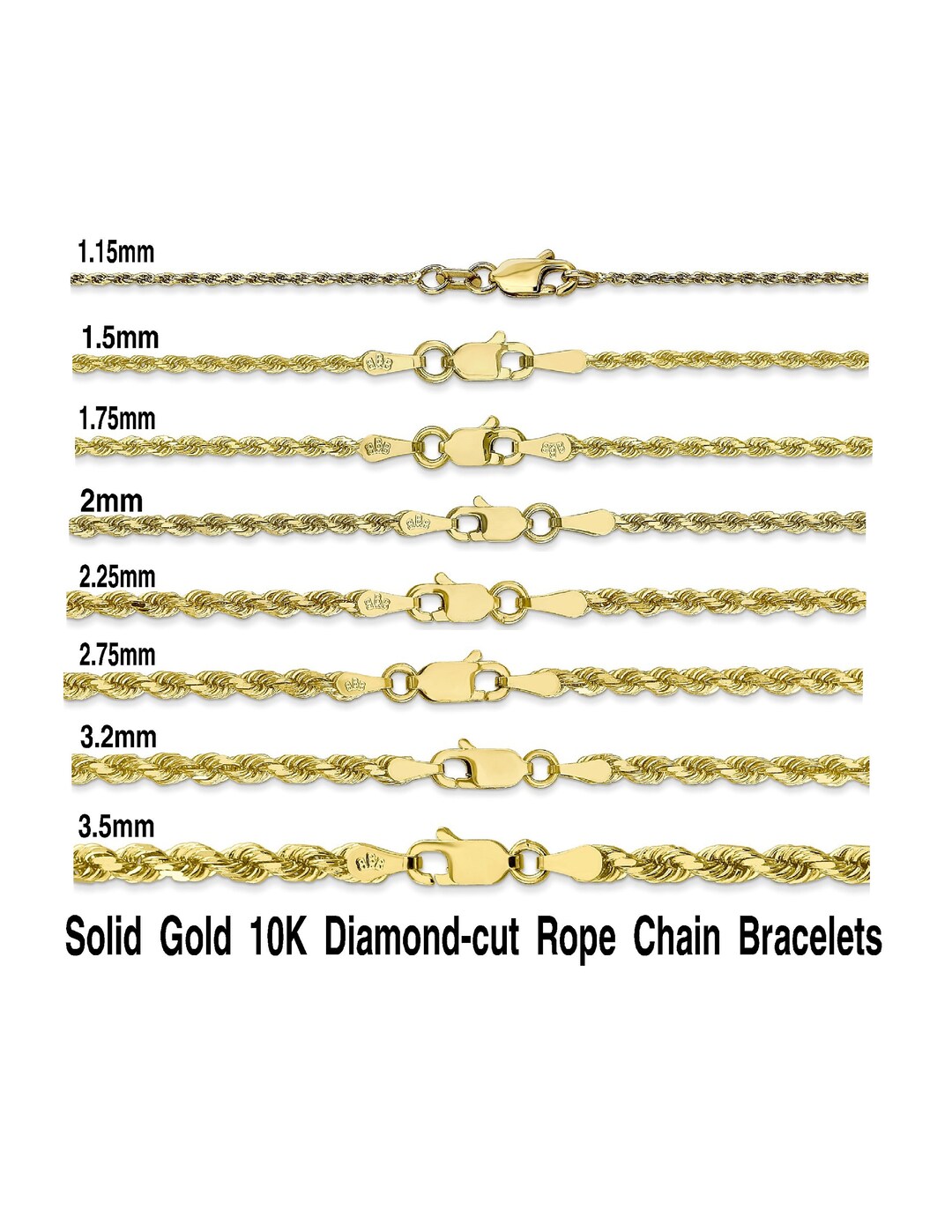 Solid Gold 10K Diamondcut Rope Chain Bracelets 7 8 9 Lengths 1mm 1.5mm