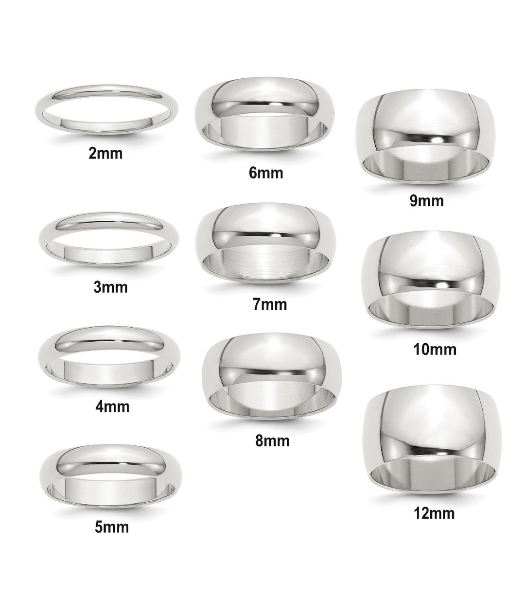 Solid Sterling Silver Half Round Wedding Bands 2mm 3mm 4mm 5mm 6mm