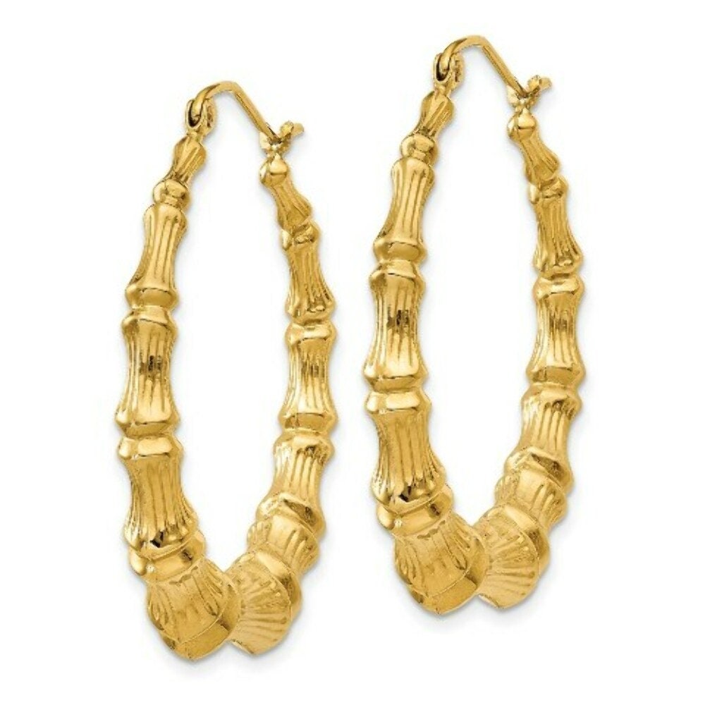 14K Yellow Gold Bamboo Hoop Earrings 27mm Length Etsy Australia
