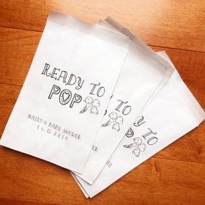 Ready to Pop | Personalized Popcorn Bags | White Cookie Favour Bags | Baby Shower Favours Bags