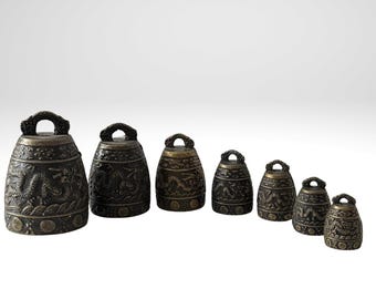 Vintage Asian Dragon Bell Set Graduated Cast Metal Dragon Bells Ornamental Feng Shui Decor Solid Brass Look Paperweights Non-Working Bells