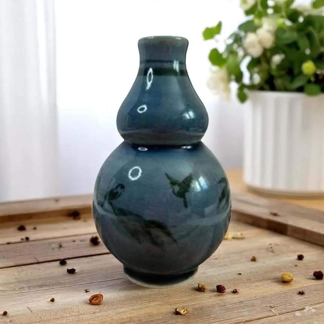 タイ産青磁の花瓶 ブルークラックル釉 鳥 木 竹製 陶器 タイ製 ホーム