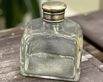 Antike Viktorianische Ära Mundgeblasen Köln Apotheker Parfüm Flasche Englisch Silber Topper Glas Stopfen London c.1880s Unmarkiert