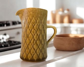 Mid Century Modern Ceramic Creamer Pitcher Brown Olive Drip Glaze Textured Diamond Pattern Vintage 1970s Scandinavian Style Jug Vase