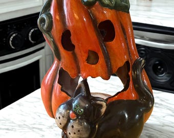 Luminaire d'Halloween citrouille chat en céramique Jack O Lantern Lanterne peinte à la main, décoration d'automne, chat noir, citrouille, bougeoir effrayant Cottagecore
