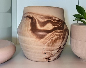 Jarrón de cerámica Nemadji con ágata, vasija de cerámica artística con efecto mármol, decoración en gres con remolinos, maceta de cerámica en tonos tierra, cerámica estadounidense.