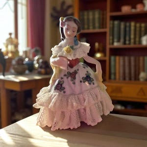 Hand Painted Porcelain German Volkstedt 1762 Dancing Lady with Dresden Lace Detail Elegant Home Decor Collectable
