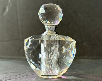 Simon Design Faceted Crystal Perfume Bottle Art Deco Style Vanity Bottle Geometric Glass Scent Bottle Prism Stopper Hollywood Regency Decor