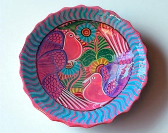 Bol de arte popular mexicano vintage con forma de pájaro, plato de cerámica colorido pintado a mano, bol estilo Talavera rosa turquesa, decoración bohemia latina para el hogar de 7 pulgadas.