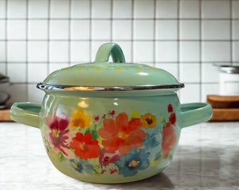 The Pioneer Woman Floral Enamel Stock Pot with Lid, Turquoise Vintage Style Cookware Cottagecore Kitchen Decor, Small Soup Pot, Ree Drummond