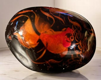 Vintage Art Glass Goldfish Paperweight, Murano Style Encased Fish Aquarium Design, Black Amber Glass Dome, Hand Blown Decorative Desk Accent