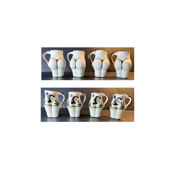 4-Shot Glasses Fertility God Kokopelli Humpbacked Flute Player Tonala Mexico Pottery Female Body Booty with Handles Folk Art Signed