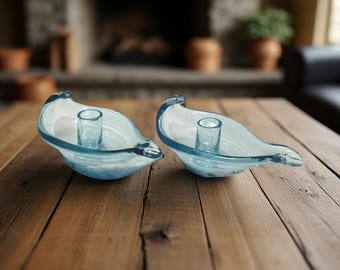 Mid Century Aqua Blue Art Glass Candle Holders Pair Freeform Scandinavian Style Taper Candle Dishes MCM Coastal Decor