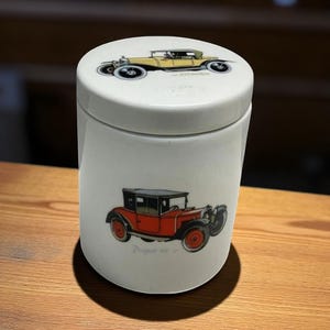 Scottish Aviemore Pottery Wilsons Old Ryes Vintage Classic Cars - Morris Minor / Peugeot 201 / Citroen Storage Jar Home Decor Collectable