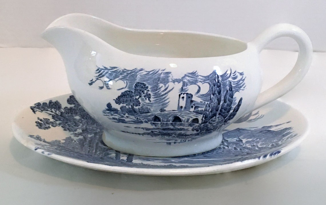 Wedgwood Countryside Gravy Boat with Oval Plate Blue White Etsy