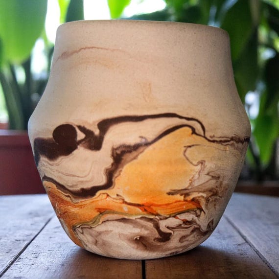 Nemadji Pottery Style Unmarked Marbled Clay Pot Vase Swirled