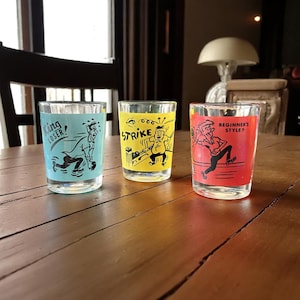 Vintage Humoristic Funny Bowling Themed Jigger Shot-Glasses by Libbey Barware Mid Century Retro Drinkware Collectable Home Decor