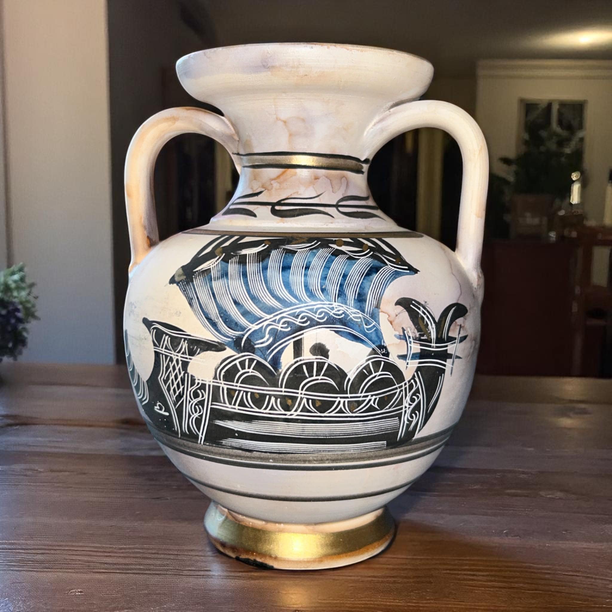 Giannis Rhodes Keramikvase Volkskunst Geschichtenerzählen Griechisch Historische Nautische Szene Signiert Wohnkultur Sammlerstück Künstlerisch Funktional