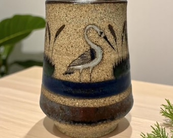 Mexico Tonala Folk Art White Stork Floral Crane Sandstone 4.5" Mug Coffee Cup Signed by Artist Drinkware Home Decor Collectable Stoneware