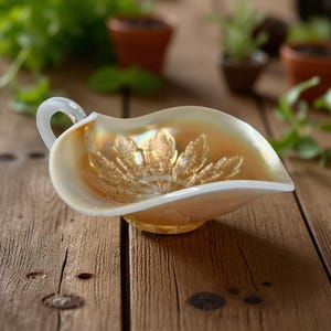 May include: An iridescent, antique-style glass dish with a handle. The dish is a light peach color with a floral design in the center. The handle is clear, and the dish sits on a wooden surface.