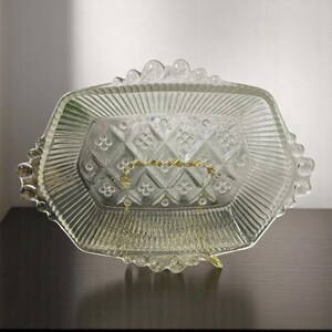 Diamond & Dots Design Cut Pressed Glass Small Serving Dish Pearl Hexagonal Handled Relish Appetizer Bowl Home Decor Collectable