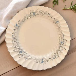 Discontinued Sovereign Potters Charmain Ironstone China Dining Plate Farmhouse Home Decor Collectable Gray Turquoise Floral Swirl Edge