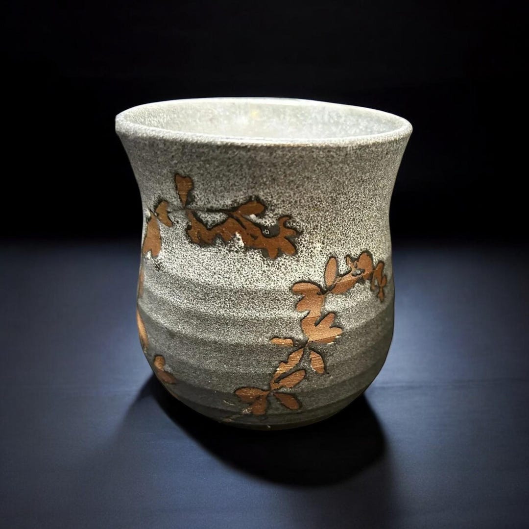 Artist Marked CS Cherry Blossom Wax Resist Stoneware Pottery Tea Sipper ...