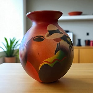 May include: A hand-painted terracotta vase with a wide body and a narrow neck. The vase features a design of a person wearing a hat, with red, orange, brown, green, and yellow colours. The vase is on a wooden table.