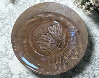 Vintage Pink Pressed Glass Floral Bowl Mid Century Serving Dish Large Poppy Pattern Glass Centerpiece Retro Rose Tint Fruit Bowl 1970s Decor