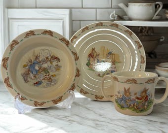 Vintage Royal Doulton Bunnykins 3pc Set Bowl Plate Mug English Fine Bone China Rabbits Kids Dish Nursery Gift Cottagecore